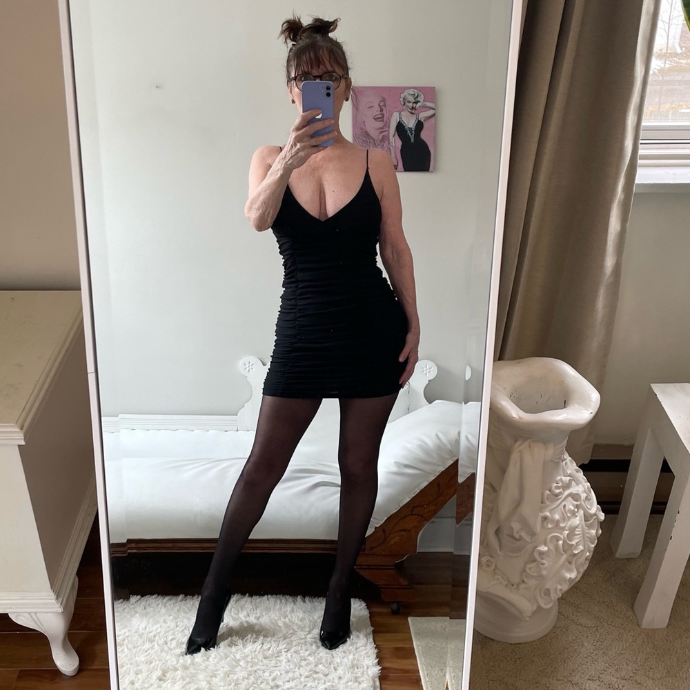 BLACK SHEER SPAGHETTI STRAP DRESS LINED RUCHED STRETCH URBAN OUTFITTERS